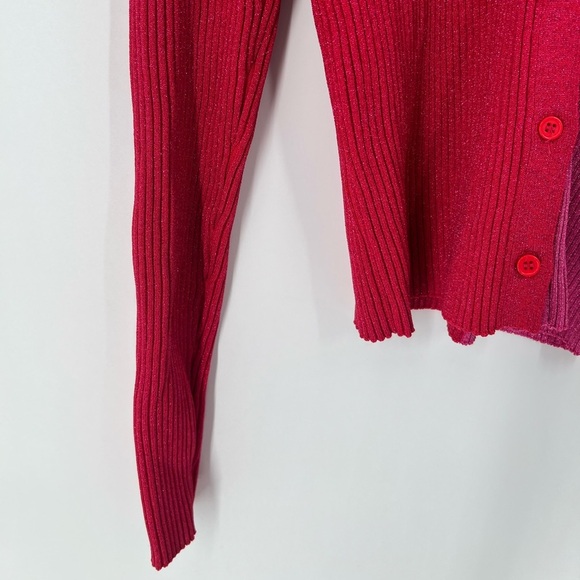 Staud Cargo Two Tone Rib Knit Metallic Sweater Cardigan In Lava & Peony - Picture 6 of 8